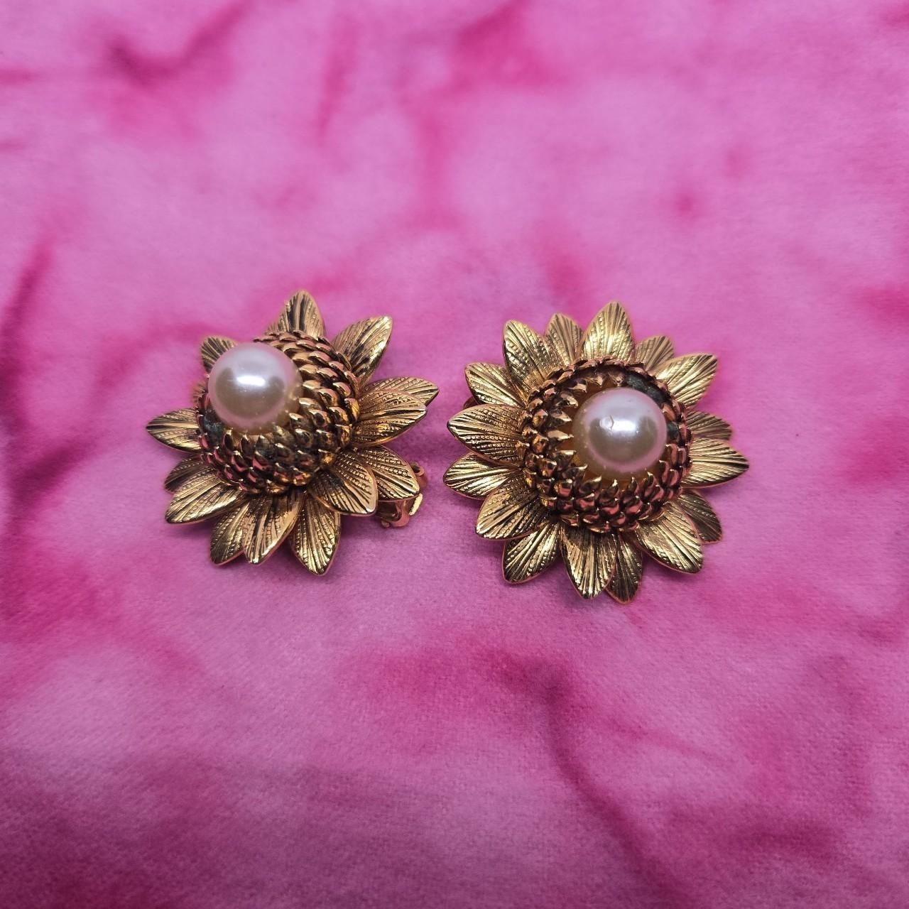 Vintage Signed Bergere Faux Pearl Gold-Tone Sunflower Clip Earrings.